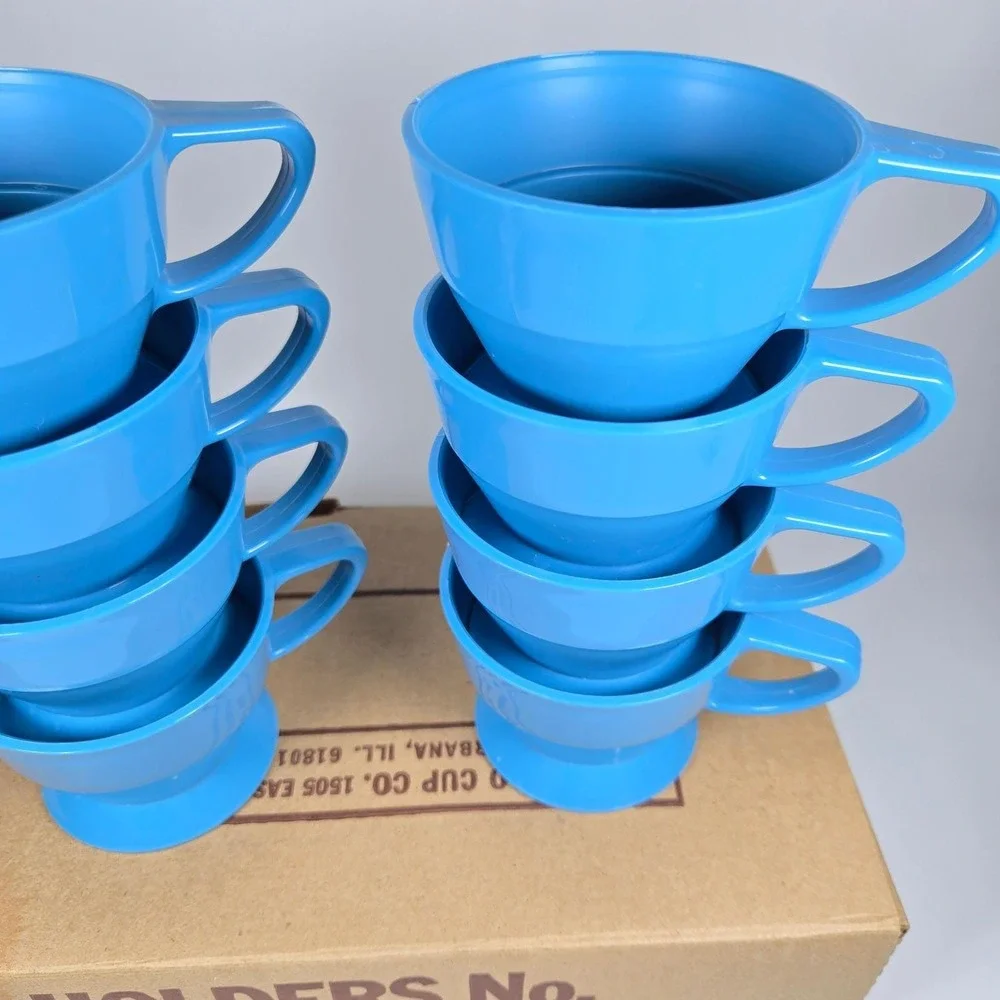 Vintage SOLO Cozy Cup Holders Blue Plastic Stackable 8 Original Box Retro‎ MCM